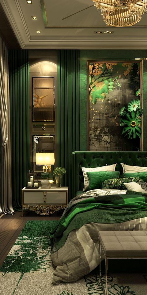 Luxury Green Bedroom, Grey And Gold Bedroom, Wall Paint Inspiration, Olive Green Bedrooms, Green Bedroom Ideas, Silver Bedroom, Peaceful Bedroom, Luxury Green, Sage Green Bedroom