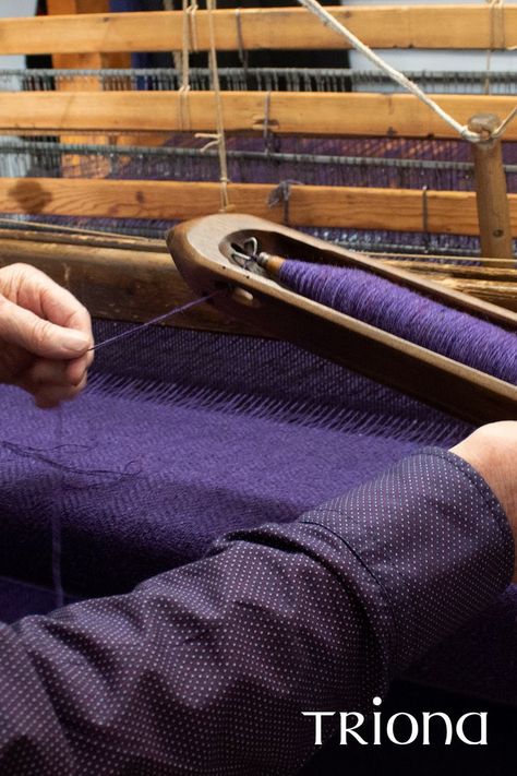 A traditional Irish tweed loom using hand dyed purple wool. Ancient Art, Visitors Center, Donegal Tweed, Weaving Looms, Wild Atlantic Way, Irish Traditions, Visitor Center, Loom Weaving, Hidden Gem