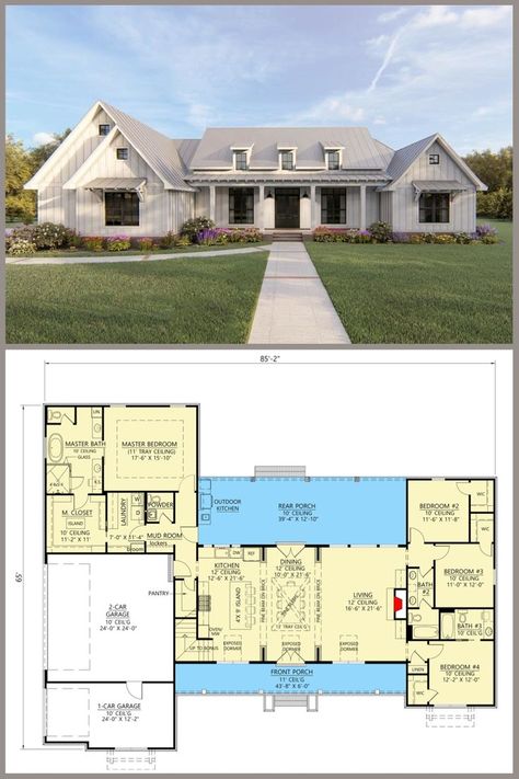 Split Bedroom Floor Plans, Smart House Plans, Farmhouse Architecture, Split Bedroom, Modern Farmhouse Living, Bedroom Layout, 4 Bedroom House Plans, Bedroom Floor Plans, House On The Rock