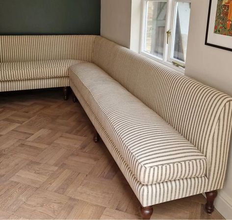 A striped banquette seating in a kitchen with wooden feet as part of studio makin Julys musings inspirational interior journal. Seating In Kitchen, Banquette Seating In Kitchen, Orchard House, Dining Banquette, Room Bench, Kitchen Seating, Dining Room Seating, Banquette Seating, Dining Nook