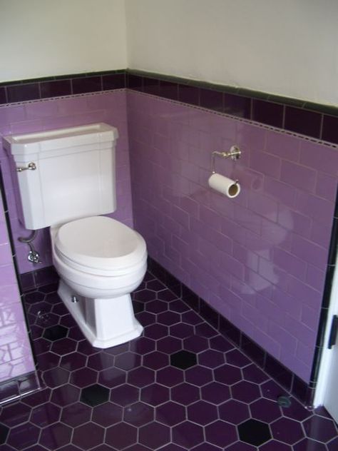 Purple Tiles Bathroom, Vintage Purple Bathroom, Lavender Tile Bathroom, Purple Grout, Purple Tile Bathroom, Purple Bathroom Tile, Purple Tiles, Toilet Surround, Bathroom Tiling