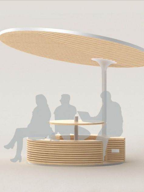 Pods are a neat solution for renewable energy for your outdoor office, home, or cafe. The round solar canopy mimics a large jungle leaf, shading comfortable seating space below. The flexible design comes with or without a table and can be used as an outdoor work space, study area, or compact shaded bench for urban areas. The design includes internal battery storage so Pod can provide power for versatile patron needs. Table Outdoor Design, Outdoor Working Space Design, Outdoor Office Furniture, Outdoor Shading Ideas, Shade Design Outdoor, Round Sitting Area, Outdoor Study Area, Round Bench Seating, Outdoor Study Space