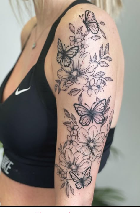 Flower Garden Arm Tattoo, Flower Tattoos Large, Shoulder Half Sleeve Tattoo For Women, Flower Patchwork Tattoo, Top Of Arm Tattoos For Women, Floral Upper Arm Tattoo, Shoulder Floral Tattoo, Flower Tattoo Forearm, Garden Tattoo Sleeve