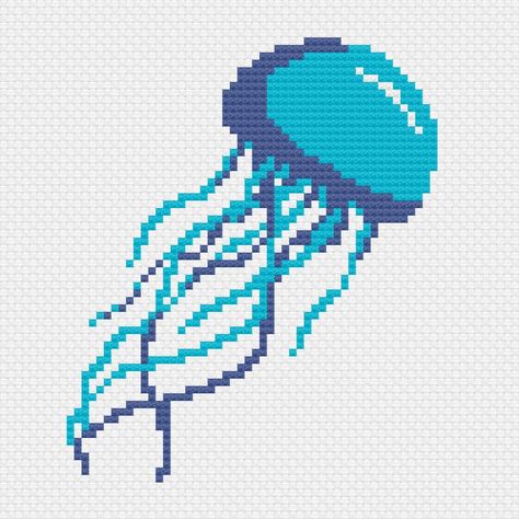 Cross Stitch Jellyfish Pattern, Cross Stitch Ocean Patterns, Jellyfish Knitting Pattern, Jellyfish Grid Pattern, Cross Stitch Jellyfish, Water Cross Stitch, Jelly Fish Perler Beads, Jellyfish Perler Beads, Jellyfish Pixel Art Grid