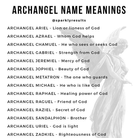 Archangel Name Meanings . . ❤🧡💛💚💙💜 🌌🐱🌌From my soul to yours, 🅕🅞🅛🅛🅞🅦 👉🏼@sparklyresults for daily inspirations.💜 . . . . . . .… Angelic Images, Angel Names, Archangel Raphael Healing, Archangels Names, Angel Guides, Archangel Raguel, Archangel Sandalphon, Archangel Azrael, Arch Angels