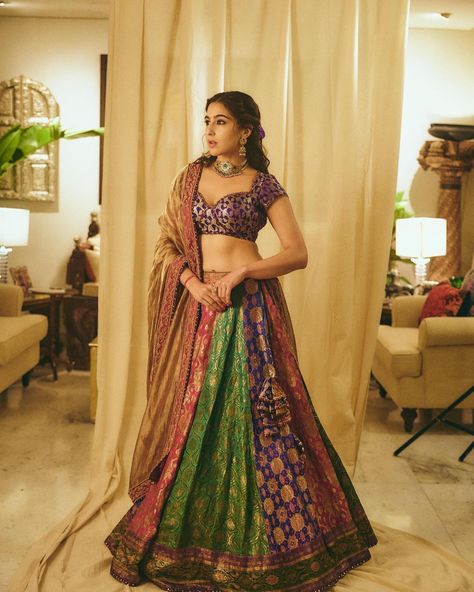 Ami Patel | Ganeshji loves tradition and upcycled tradition even more so 🩷💜💚 @saraalikhan95 wears old saris upcycled into a ghagra by… | Instagram Sara Ali Khan Lehenga, Sara Ali Khan Indian Wear, Indian Wedding Dresses For Women, Engagement Dress For Girl, Mayyur Girotra, Diwali Fashion, Khushi Kapoor, Purple Lehenga, Lehenga Skirt