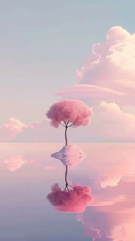 The image is a beautiful landscape with a pink tree in the center. The tree is surrounded by a pink lake and there are white clouds in the sky ->> more details in ai-img-gen.com Sky And Water, Minimalist Background, Clouds In The Sky, Pink Mountains, Pink Lake, Alone In The Dark, Pink Tree, Reflection Photography, Colorful Clouds