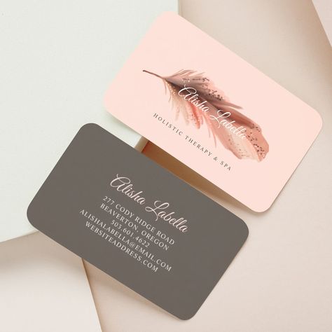 Brown Business Card, Bohemian Watercolor, Brown Blush, Elegant Business Cards Design, Feather Artwork, Pink Bohemian, Modern Layout, Boho Watercolor, Watercolor Feather