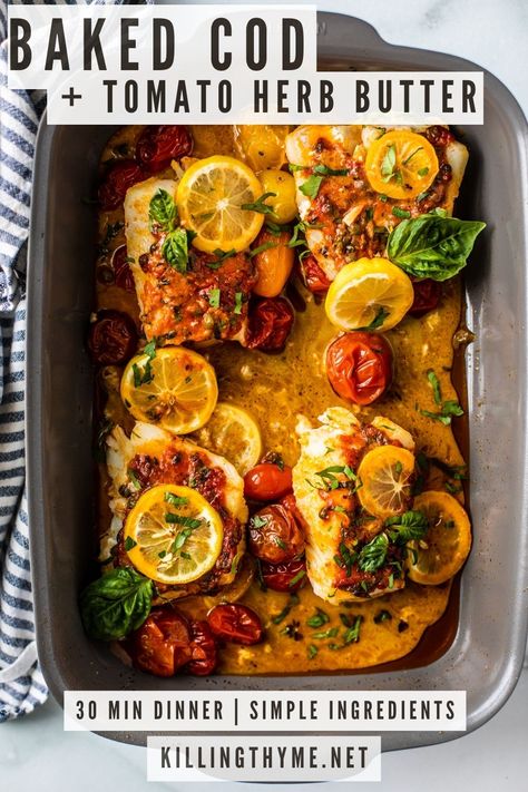 Cod Fish With Cherry Tomatoes, Tomato Basil Cod, Mediterranean Baked Fish Recipe With Tomatoes And Capers, Cod Tray Bake, Cod With Vegetables, Baked Fish With Tomatoes, Baked Cod And Potatoes, Cod With Cherry Tomatoes, Mayo Baked Fish