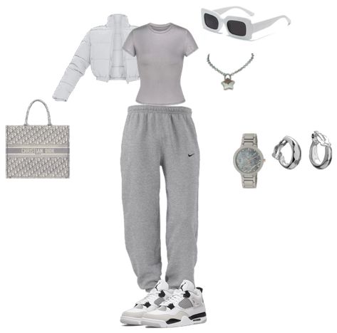 Outfit Ideas Cloudy Day, Gray Jordans Outfit Women, Grey Top Outfit Ideas, Cloudy Outfit Ideas, Cool Grey 4s Outfit, Gray Sneakers Outfit, Cloudy Weather Outfit, Nike Sweater Outfit, Cloudy Outfit