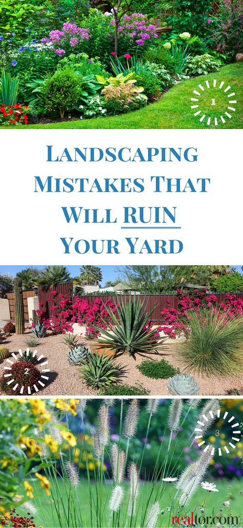 Whether you are landscaping the front yard or landscaping the backyard, there are mistakes you may be making that can destroy your yard. As good as those landscaping ideas might be, if you're going DIY, make sure you aren't doing any of these things that can ruin all your yard work. Relandscaping Front Yards, Large Area Landscape Ideas, Front Yard Burm Landscaping Ideas, Front Yard Low Water Landscape, Lawnscaping Front Yard, Small Front Yard Inspiration, Yard Focal Point Ideas, Center Yard Landscaping Ideas, Large Area Landscaping Ideas