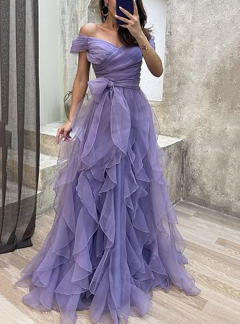 Evening Maxi Dress, Purple Prom, Purple Prom Dress, Floor Length Prom Dresses, Evening Dresses With Sleeves, Dress Sleeve Styles, Off Shoulder Fashion, Tulle Gown, Tulle Prom Dress