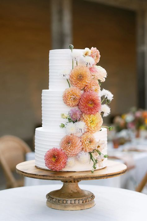 Sunset Colors and Boho Details For This Effortlessly Elegant Santa Barbara Wedding Bright Summer Wedding, Boho Wedding Cake, Rose Gold Bridesmaid, Floral Wedding Cake, Historical Museum, Santa Barbara Wedding, White Wedding Cake, Wedding Cakes With Flowers, Sunset Wedding