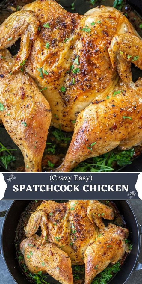 This recipe for spatchcock chicken gets a tender, juicy oven-roasted bird on the table in less than an hour’s time. Faster than roasting a whole bird and just as delicious! Best Whole Chicken Recipe, Whole Chicken Recipes Oven, Baked Whole Chicken Recipes, Oven Roasted Whole Chicken, Whole Baked Chicken, Cooking Whole Chicken, Spatchcock Chicken, Oven Chicken Recipes, Whole Chicken Recipes