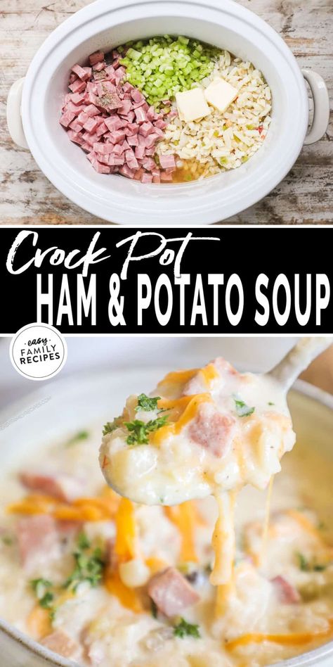 This dump and go Crock Pot soup recipe is SO easy and SO delicious! My family loves this simple slow cooker ham and potato soup. It’s a creamy Crock Pot soup that uses ingredients like frozen potatoes, diced ham, and chicken broth to make a hearty, filling, and super tasty dinner soup that can easily be a stand alone meal. It’s the ideal set it and forget it meal for busy nights because it only requires 10 minutes of hands on time. Everyone will love tucking into this no-prep Crock Pot soup! Ham Soup Crockpot, Unique Soup Recipes, Crockpot Ham And Potatoes, Crock Pot Ham, Easy Crockpot Soup, Ham Soup Recipes, Dinner Soup, Slow Cooker Potato Soup, Slow Cooker Potatoes