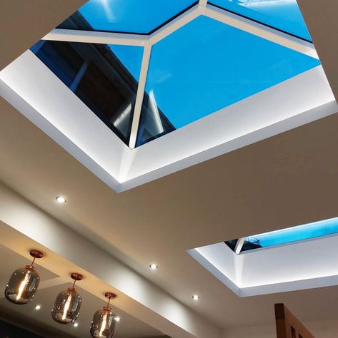 Worm eye view looking up at 2 roof lanterns with the night sky behind them. Roof Lantern Lighting, Lantern Roof Light, Lantern Roof, Kitchen Flips, Lead Roof, Lantern Lighting, Roof Lantern, Home Simple, Timber Structure