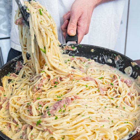 MOB Kitchen — Parma Ham Carbonara Ham Carbonara Recipe, Ham Carbonara, Cheese Calzone, Mob Kitchen, Egg Cups Recipe, Ham Pasta, Vegetarian Bowls, Serrano Ham, Ham And Eggs