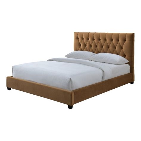 Elda Mid Century Modern Cognac Tan Velvet Upholstered Queen Platform Bed - Walmart.com Modern King Bed Frame, Modern Queen Bed Frame, Low Platform Bed Frame, Modern King Bed, Modern Queen Bed, King Upholstered Platform Bed, Contemporary Platform Bed, Low Platform Bed, King Size Platform Bed