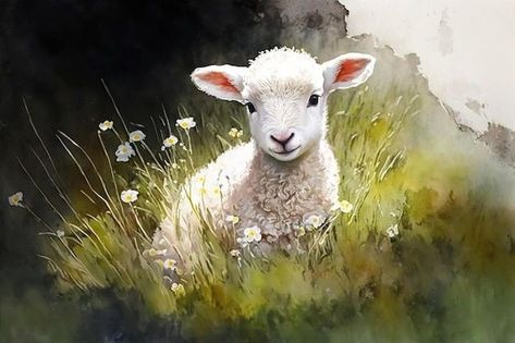 Lamb In Field, Christmas Lamb Painting, Sheep Landscape Painting, Lamb Laying Down Drawing, Lamb Laying Down, Sheep Oil Painting, Lamb Painting Easy, Sheep Art Painting, Baby Lamb Drawing