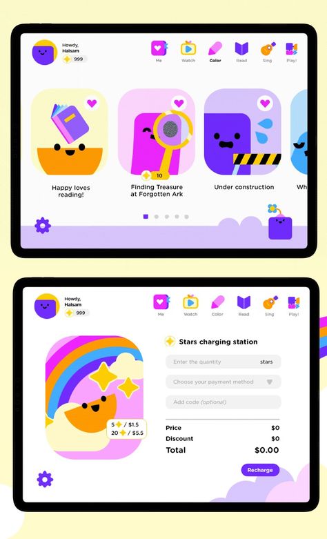 Kids branding / UI Design. Check out full project here: https://www.behance.net/gallery/173574763/Toys-and-Colors-Brand-Identity Toys And Colors, Kids App Design, Colors Website, Kids Graphic Design, Ux Kits, Agency Website Design, Kids Web, Graphic Design Infographic, Learning Games For Kids