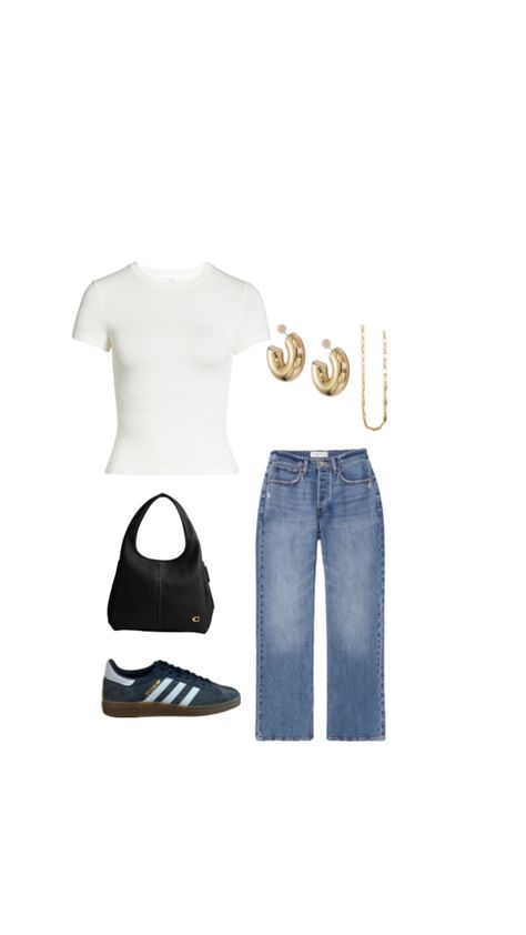 Super cute, basic casual outfit it girl style women’s streetwear style Adidas Sambas gold jewelry, outfit, spring, and summer outfit white tee outfit that girl outfit Gold Jewelry Outfit, White Tee Outfit, White Samba, It Girl Style, Samba Outfits, Adidas Sambas, Outfit White, Streetwear Style, Jewelry Outfit