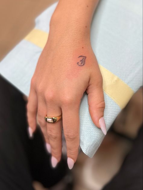 Initial Tattoo Ideas Old English, Initial Tattoo Old English, Old English A Tattoo, Old English Hand Tattoos, Small Old English Tattoo, Old English Letter Tattoo, Initial Tattoo Hand, Hand Initial Tattoo, F Initial Tattoo