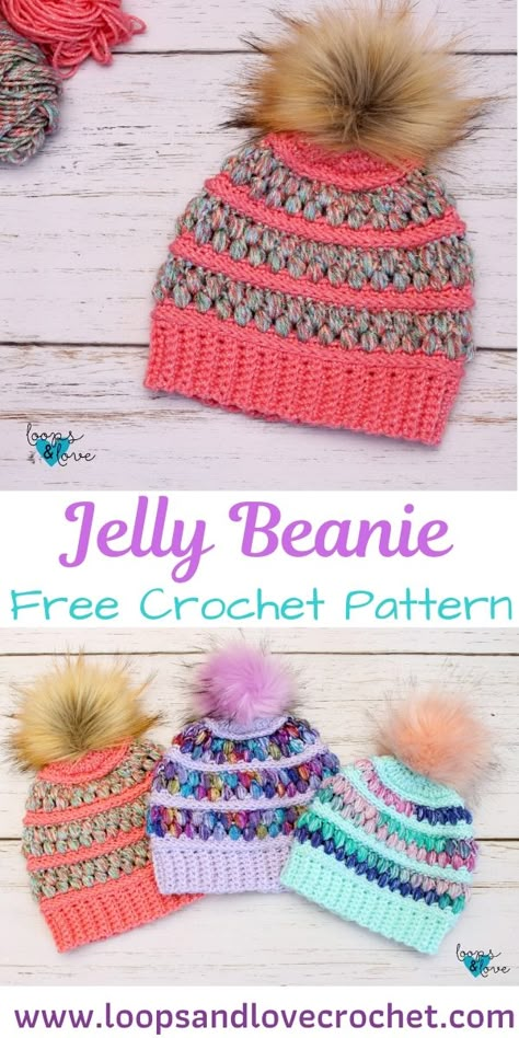 Jelly Beanie - Free Crochet Pattern Loops & Love Crochet Crochet Beanie Ears, Virgo Witch, Crochet Headwear, Crocheted Clothes, Crocheting Projects, Bun Beanie, Crocheted Hats, Crochet Hat Free, Crochet Knit Hat