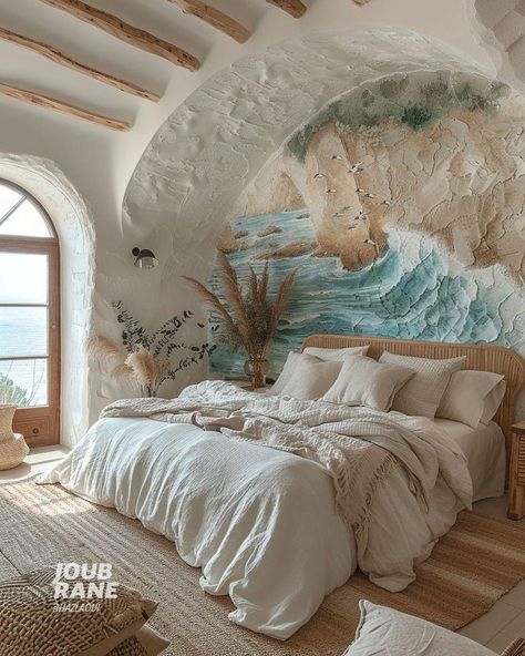 Master Bedrooms Beach House, Ocean Theme House, Ibiza Bedroom, Tropical Mansion, Cozy Coastal Bedroom, Shell Bed, Greek Bedroom, Content Branding, Bedroom Moody