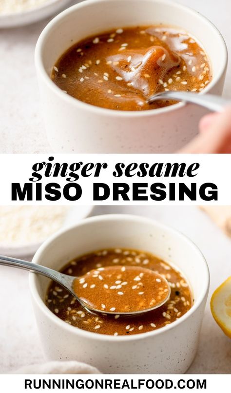 This quick and easy vegan miso sesame dressing takes just 5 minutes to make and adds the perfect blend of umami, sweetness and tanginess to salads, grain bowls, roasted veggies and more. Miso Salad Dressing, Miso Ginger Dressing, Salads Bowls, Veggie Kebabs, Ginger Miso, Seasoned Rice Vinegar, Sweet Potato Kale, Grain Bowls, Sesame Dressing