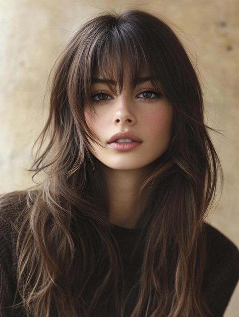 Long hair with bangs is the ultimate combination! Dive into 33 gorgeous haircuts that blend length and fringe for a show-stopping effect. Whether you prefer wispy bangs or a bold statement fringe, these styles offer versatility and flair. Find your perfect long hairstyle with bangs and make a lasting impression. Brunette With Long Bangs, Volume Bangs Hair, Hair With Long Fringe, Fringe Haircut Women Long, Long Bangs Glasses, Glam Hairstyles With Bangs, Long Hair Bangs Square Face, Haircut Style 2024, Hush Bangs