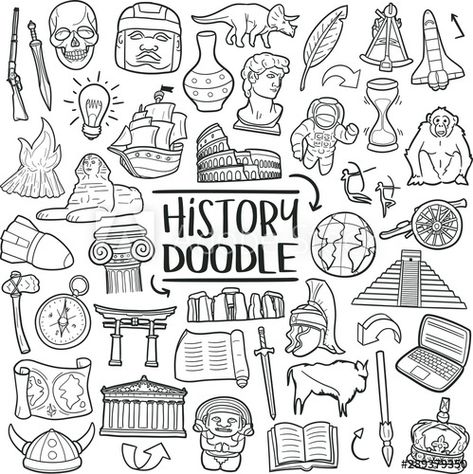 Stock Image: History of Humanity Subject. Traditional Doodle Icons. Sketch Hand Made Design Vector Art. History Notebook Cover, History Lettering, History Notebook, History Logo, History Wallpaper, Historical Drawings, History Drawings, Doodle Icons, History Subject