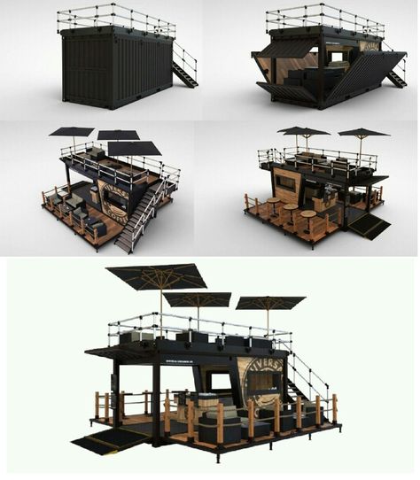 Floating Structure, Container Coffee Shop, Black Barndominium, Container Restaurant, Container Cafe, Outdoor Restaurant Design, Container Bar, Desain Pantry, Barndominium Ideas Exterior