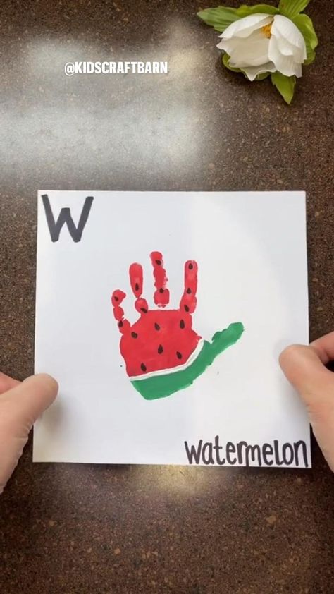 Watermelon Handprint, W Is For Watermelon, Abc Crafts, Toddler Arts And Crafts, Baby Learning Activities, Kindergarten Learning Activities, Alphabet Crafts, Daycare Activities, Hand Crafts For Kids