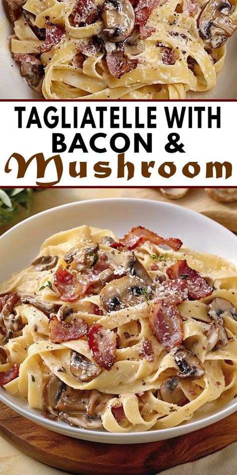 Craving a comforting pasta dish? This Tagliatelle with Bacon and Mushrooms is the perfect blend of savory flavors and creamy goodness! 🍝 In just 30 minutes, you can whip up this easy recipe that’s perfect for weeknight dinners or impressing guests. ✨ 👉 Don’t miss out! Save this Pin for your next dinner party and share it with your foodie friends! ✨ Join the culinary adventure! 🍽️ #PastaRecipe #Tagliatelle #BaconAndMushrooms #EasyDinners #ComfortFood Mushroom Pancetta Pasta, Pasta With Bacon Recipes, Bacon And Mushroom Pasta, Mushroom Tagliatelle, Bacon Mushroom Pasta, Tagliatelle Recipe, Bacon Pasta Recipes, Alfredo Recipes, Pancetta Pasta