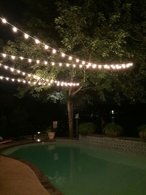 String Lights Over the Pool! String Lights Over Pool Backyard, String Lights Above Pool, Lights By Pool, Lights Above Pool, Lights Over Pool Outdoor, String Lights Over Pool, Pool String Lights, Lights Over Pool, Lighting Around Pool