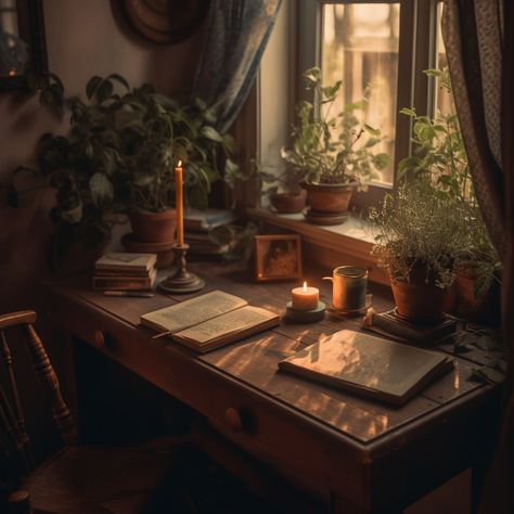 Cottage Study Room, Desks Aesthetic Vintage, Poet Bedroom Aesthetic, Writer Setup, Study Room Decor Dark Academia, Writing Room Aesthetic, Cozy Writing Spaces, Vintage Writing Aesthetic, Cozy Writing Aesthetic