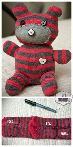 Sock Animals Diy, Teddy Bear Tutorial, Diy Sock Toys, Sock Animals Patterns, Sock Monster, Fabric Crafts Diy, Sock Dolls, Sock Doll, Sock Toys