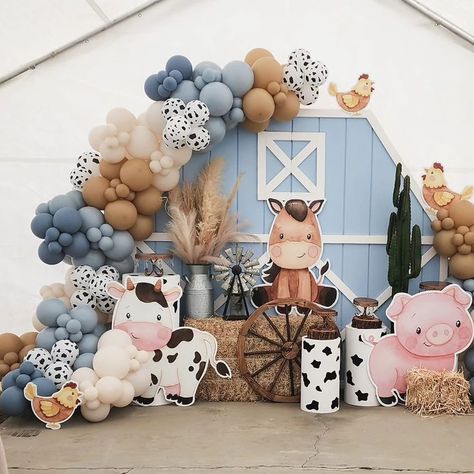 Shimmer & Confetti | How cute is this baby boy farm theme baby shower by @karens_decoration 🩵🩶💙🤍 . . . #shimmerandconfetti #babyshower #farmtheme… | Instagram Cow Farm Theme Birthday, First Birthday Farm Animal Theme, Farm Animal Balloon Garland, Farm Shower Ideas, Farm Animal 1st Birthday Party Boy, 1st Birthday Baby Boy Theme, 2nd Birthday Party Farm Theme, Petting Zoo 1st Birthday Party, Farm Animals Birthday Party Decorations