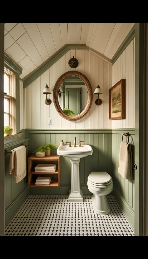 20 Inspiring Farmhouse Rustic Bathroom Ideas to Transform Your Space 🛁✨ - Laugh Lore Tile And Beadboard Bathroom, Sage And White Bathroom, Green Beadboard Bathroom, Vintage Small House, Bathroom Remodel Vintage, Checkered Bathroom, Farmhouse Rustic Bathroom, Bathroom Beadboard Ideas, Bathroom With Pedestal Sink