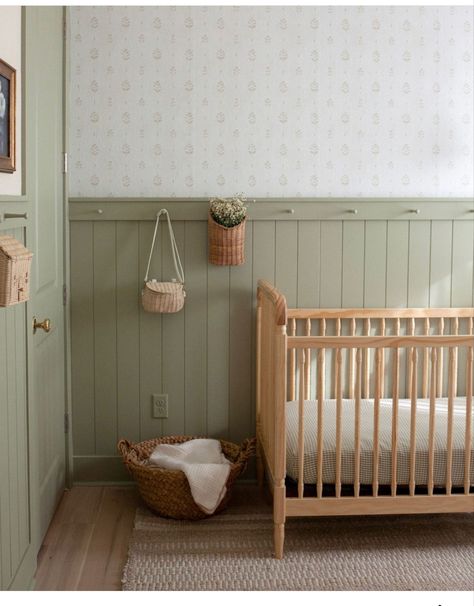 Half Wallpaper Nursery Wall, Textured Walls Nursery, Batton Board Nursery, Nursery Half Wall, Nursery With Wood Paneling, Tongue And Groove Nursery, Panelled Wall Nursery, Country Cottage Nursery, Wall Panelling Nursery