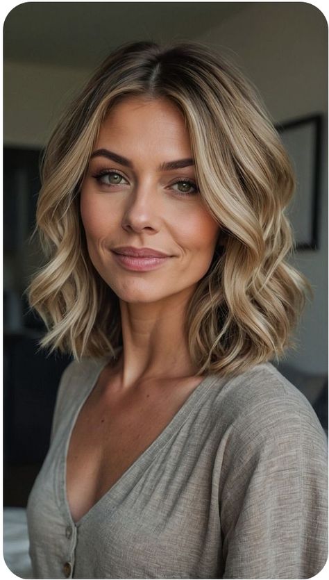 Beachy Waves Medium Length Wedding, Fall 2024 Hair Color Blonde, Side Swept Hairstyles Short Hair, Fun Mom Haircuts, Fall Haircuts 2024 Short, Short Bob Haircuts Side Part, Side Swept Short Hair, Short Fall Blonde Hair, Short Hair With Lowlights