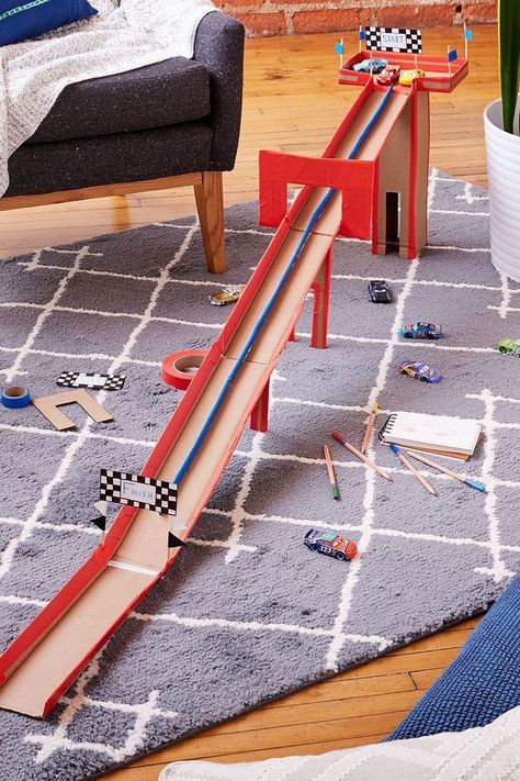 Cardboard Race Track, Kids Race Track, Car Tracks For Kids, Cars Disney Pixar, Kids Races, Hot Wheels Track, Hobbies For Kids, Cars 3, Disney Party