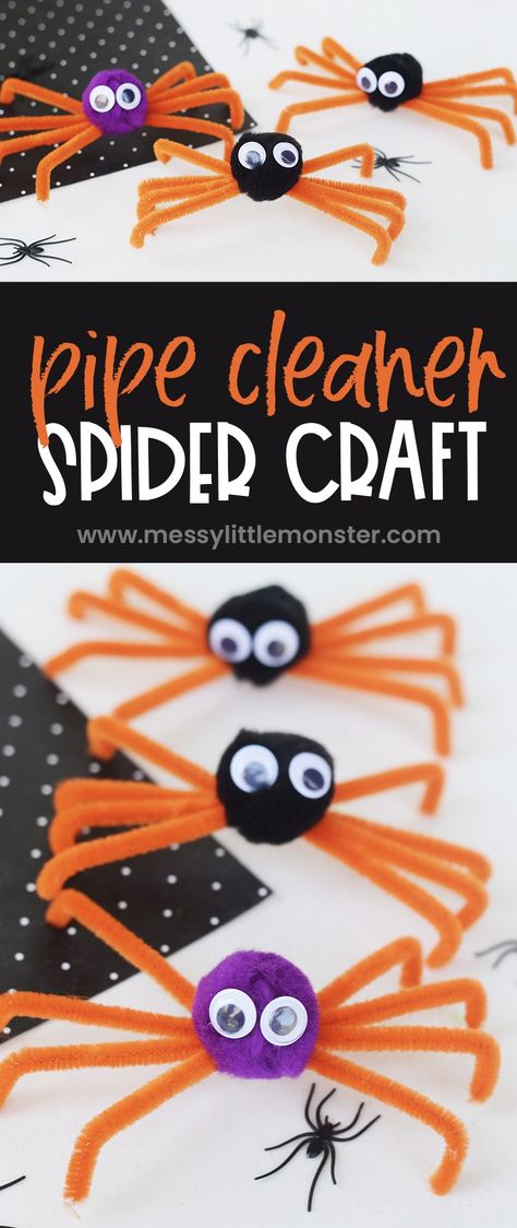 Pipe cleaner spider craft for kids. How to make a spider with pipe cleaners. Halloween Spider Art Preschool, Halloween Craft Spider, Preschool Halloween Spider Craft, Halloween Spiders Craft, Spider Web Suncatcher Craft, Easy Halloween Crafts For Preschoolers, Easy Bat Crafts For Preschool, Easy Spider Craft, Halloween Pipe Cleaner Crafts For Kids