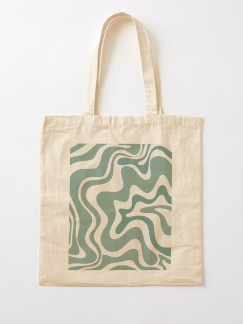 "Retro Liquid Swirl Abstract Pattern in Eucalyptus Sage Green and Cream Beige" Tote Bag by kierkegaard | Redbubble White Tote Bag Painting Ideas, Tote Bag Art Painting, Tote Bag Design Diy Paint, Tod Bag, Handpainted Tote, Diy Tote Bag Design, Sage Green And Cream, Abstract Tote Bag, Handpainted Tote Bags