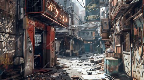 A dark and dirty alleyway in a cyberpunk city | Premium AI-generated image Cyberpunk Alleyway, City Street Aesthetic, Lightning Thief, Street Pictures, The Lightning Thief, Dark Street, Cyberpunk City, Big Cities, City Illustration