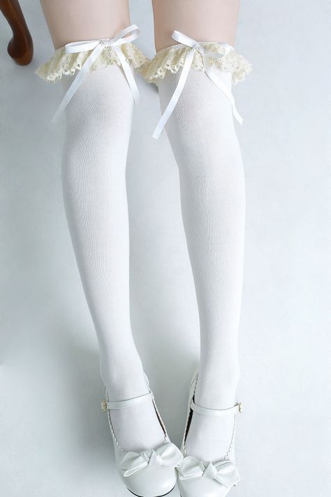 This price is for a pair of stockings only.  Length : 55cm Frilly Thigh High Socks, Gyaru Shoes, White Stockings Outfit, White Goth Outfit, White Thigh High Socks, Stockings Aesthetic, 50s Summer, Halloween Costum, Agejo Gyaru