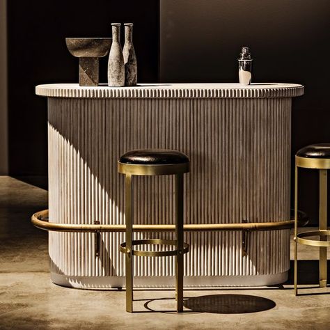 Noir Furniture on Instagram: "Our New Collin James Bar offers many possibilities for placement and creative use. Make it your own destination: Candy Bar, Nail Bar, Spa Bar, Juice Bar, Tequila tasting Bar, Reception Desk, stand up workstation by day.... Beautiful reeding wraps around the body and counter edge combined with our White Wash finish which offers a subtle reveal of the wood. Details include two under counter drawers, one adjustable shelf, and an antique brass finish foot rail. Availabl Stand Up Workstation, Bar Reception Desk, Bar Reception, Counter Edges, Juice Bar Design, Kitchen Bar Counter, Tequila Tasting, Kitchen Bar Design, Spa Bar