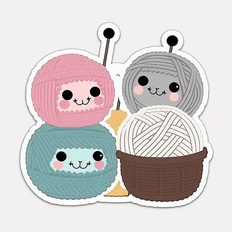 Cute Crochet Stickers. 4 Cute Balls of Yarn in a basket. Great Gift for Crocheters and Crafters. Put stickers on your laptop, phone and let the world know you Love Crochet Crochet Profile Logo, Crochet Cartoon Logo, Crochet Stickers Free Printable, Crochet Logo Ideas, Crochet Logo Design Ideas, Crochet Business Logo, Crochet Drawing, Crochet Stickers, Yarn Logo