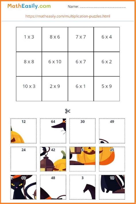 Math multiplication puzzles with answers Halloween Math Multiplication Worksheets, Multiplication Puzzle Worksheets, Fun Multiplication Worksheets, Math Halloween Activities, Multiplication Puzzles Free, Multiplication Game, Math Puzzles For Kids, Halloween Maths, Puzzle Worksheet