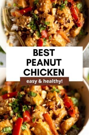 Peanut Butter Chicken - Eat With Clarity Healthy Peanut Chicken, Chicken And Peanut Sauce, High Protein Thai Food, Thai Peanut Butter Chicken, High Protein Veggie Dinner, High Protein Chicken Meals, High Protein Chicken Dinner, Peanut Butter Chicken Recipe, Chicken With Peanut Sauce